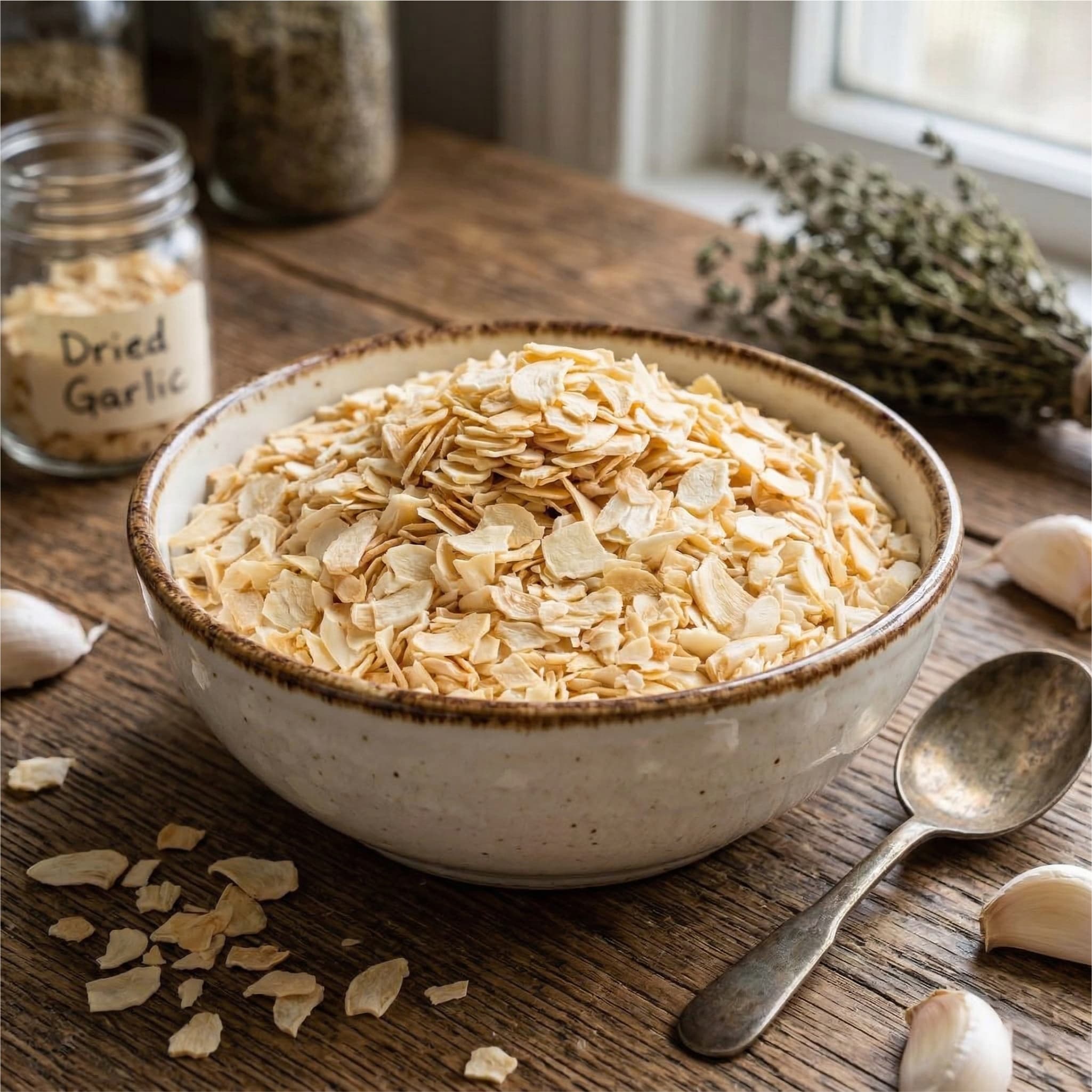 Czosnek suszony płatek w miseczce
